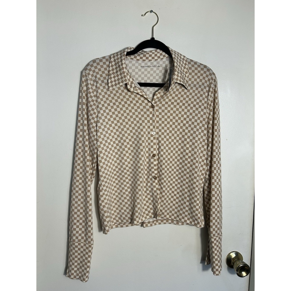 NWT Abercrombie & Fitch Checkered Shirt Men L Tan Beige Plaid Button Down LS